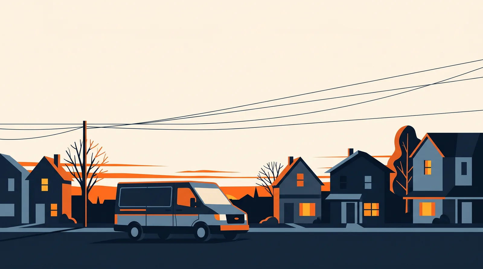 Illustration of a contractor's work van on a suburban street at dawn, houses with lit windows under an orange sunrise